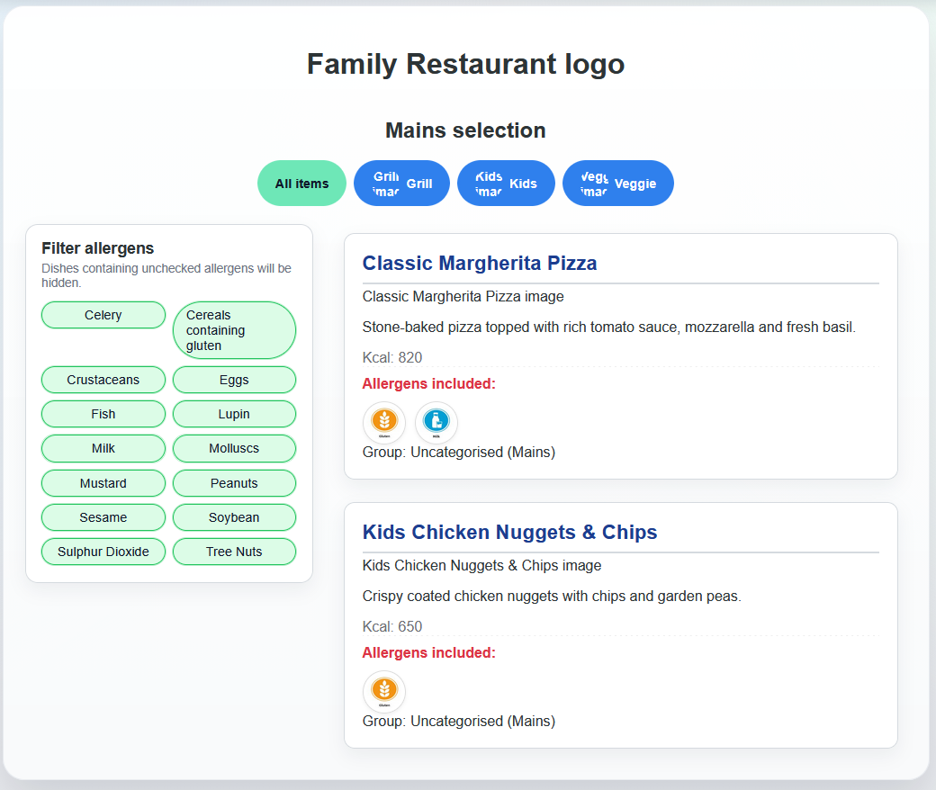 Screenshot of AllerEasy guest-facing menu